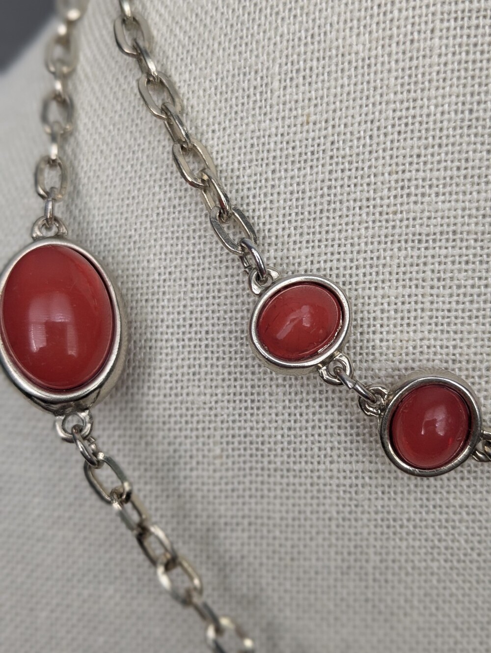 Silver Tone Watermelon Glass Station Necklace – 36” Long Vintage Style - Picture 4 of 6